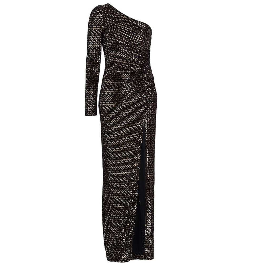 MONIQUE LHUILLIER One Shoulder Sequin Velvet Dress